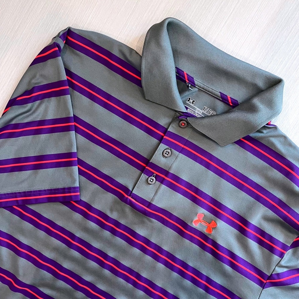 Under Armour Mens HeatGear Polo Grey Purple‎ Orange Striped Golf Shirt XL Loose